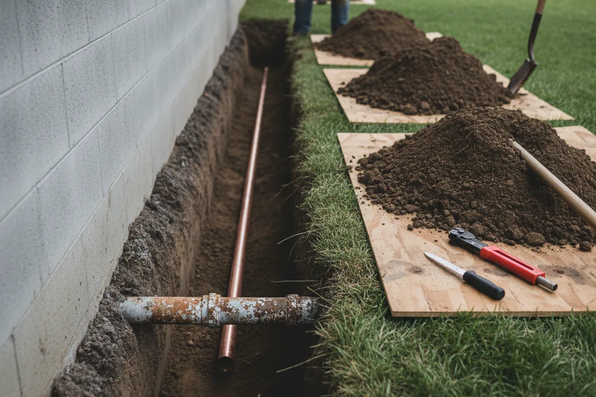 Excavated water line trench during Sewer Line Repair in Paint Lick